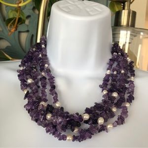 Genuine Amethyst and Natural Pearl Multi- Strand Handmade Necklace